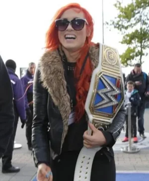 Becky Lynch WWE Black Leather Fur Collar Jacket front look