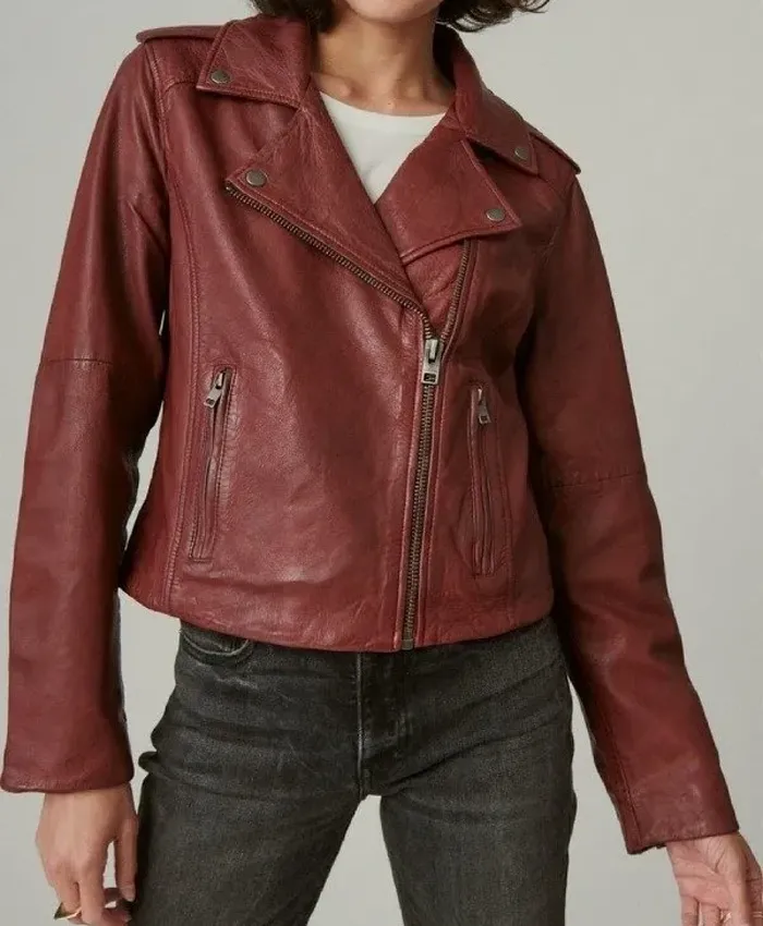 Big Sky Jenny Hoyt Maroon Biker Real Leather Jacket front look