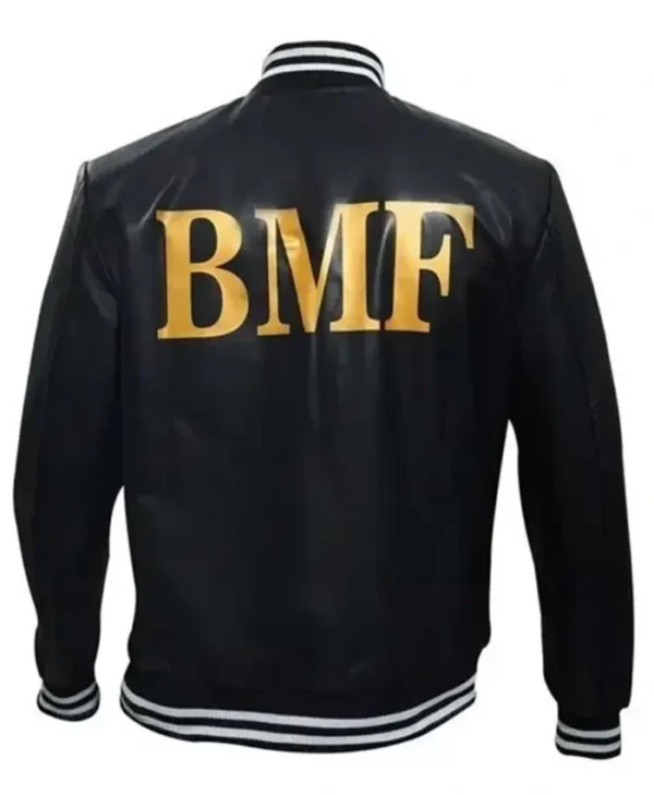 Black Mafia Family BMF Varsity Bomber Leather Jacket Back
