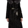 Black Real Persian Lamb Mink Fur Collar Mid Length Coat