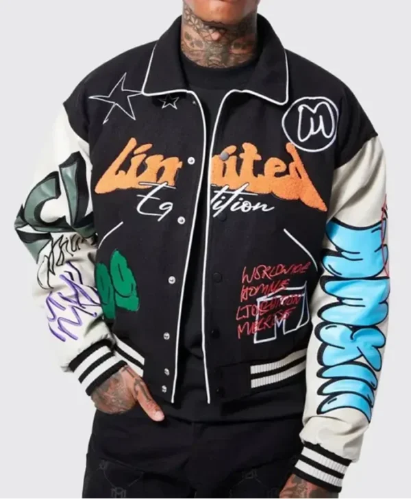 Boxy Fit Graffiti Letterman Varsity Jacket