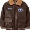Boys’ Embroidered Faux Fur Brown Leather Jacket