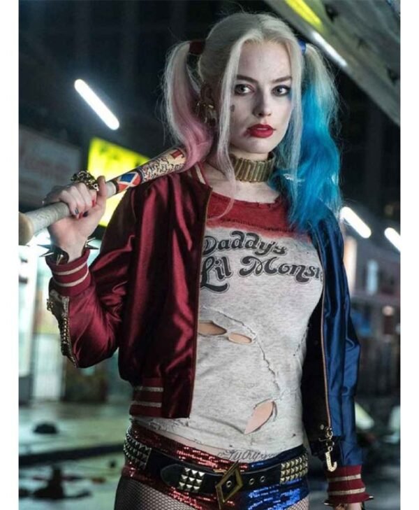 Margot Robbie Suicide Squad Harley Quinn Satin Varsity Bomber Jacket