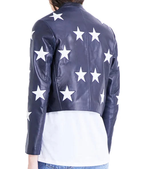 Cheryl Blossom Riverdale Blue Cropped Star Printed Leather Jacket back look