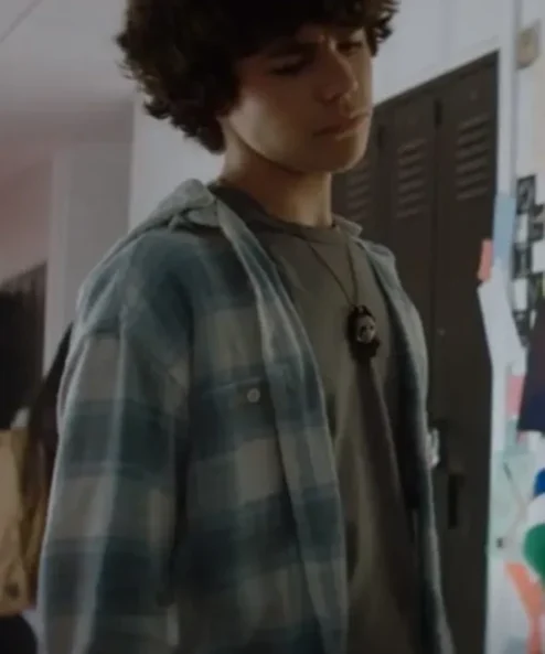 Chucky Jake Wheeler Plaid Blue Hooded Shirt side look