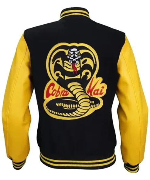 Cobra Kai Karate Kid Moletom Yellow Bomber Letterman Jacket back Look