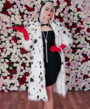 Cruella 2021 Cruella De Vil Black Dot White Fur Coat