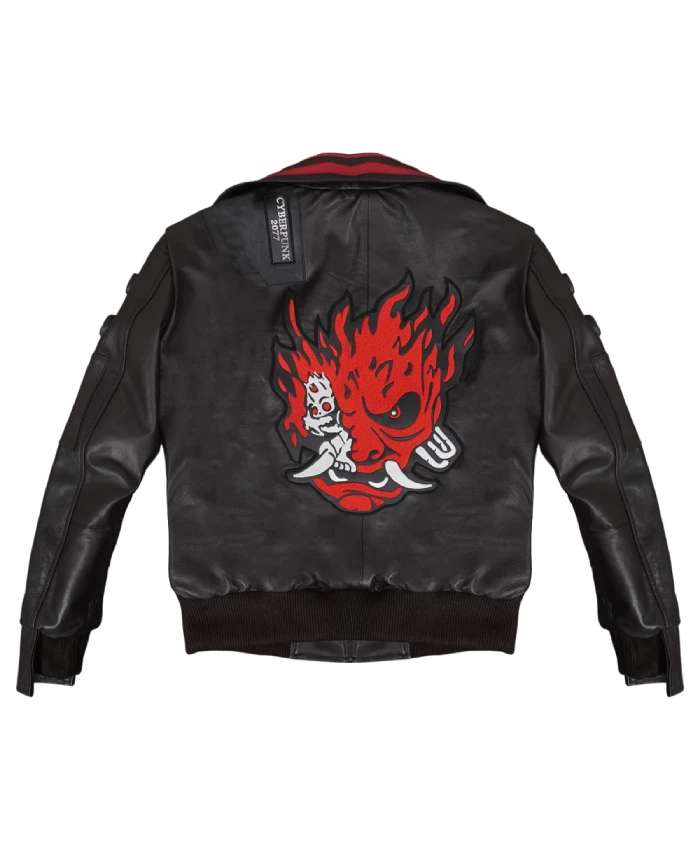 Cyberpunk 2077 red and black leather bomber jacket