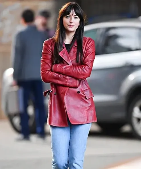 Dakota Johnson Madame Red Leather Coat 1
