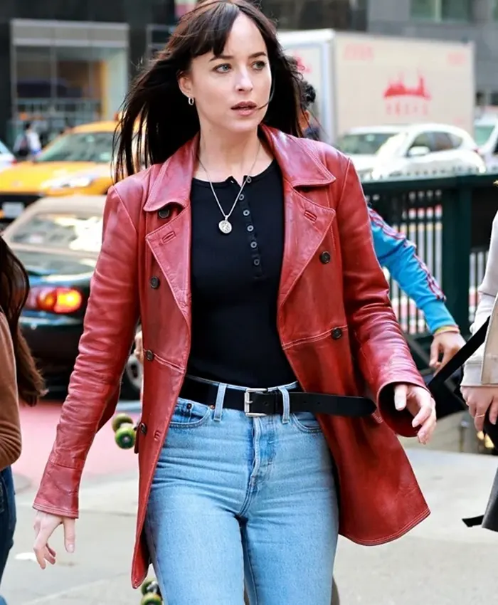 Dakota Johnson Madame Web Red Leather Coat Oskar Jacket