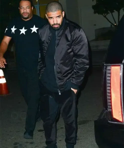 Drake Scorpion Satin Black Bomber Jacket