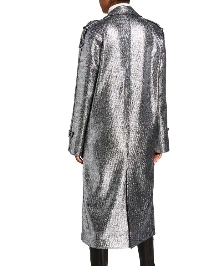 Elizabeth Gillies TV Series Dynasty Season 03 Fallon Carrington Silver Metallic Mid Length Coat