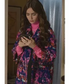 Emily in Paris Lily Collins Multicolor Floral Coat