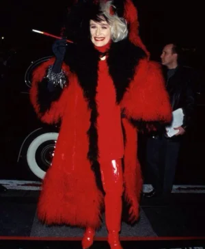 Emma Stone Cruella Devil 101 Dalmatians Red Fur Fabric Coat