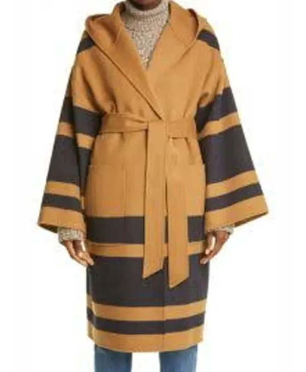 General Hospital Cynthia Watros Beige Stripe Wool Hooded Coat