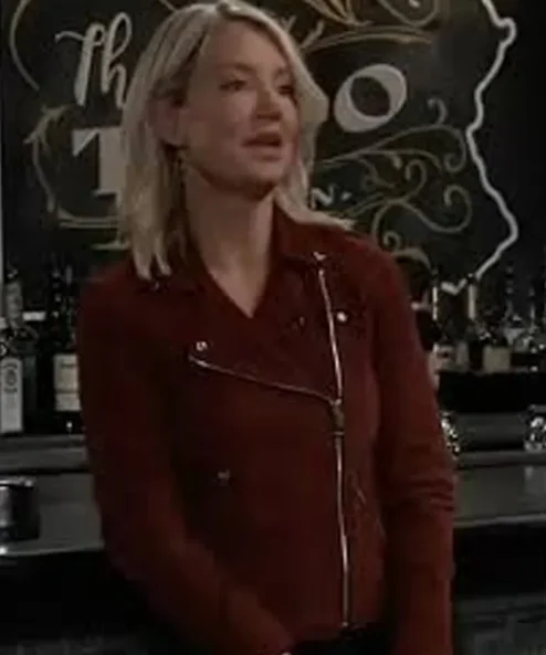 General Hospital Cynthia Watros Biker Maroon Suede Jacket