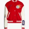 Gigi Hadid Red Letterman Varsity Jacket front look
