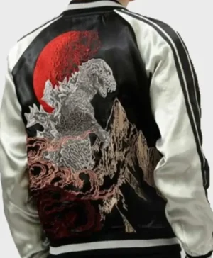 Godzilla King Of Monsters Satin Stripe Zip Up Bomber Jacket Back
