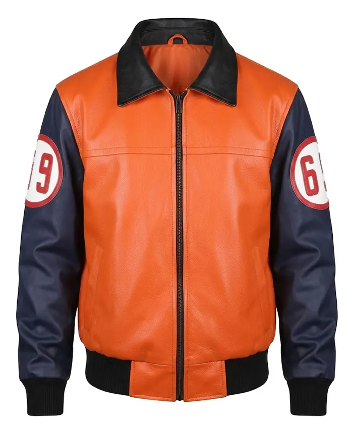 Goku 59 Dragon Ball Z Leather Orange & Black Bomber Jacket Front