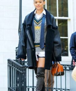 Gossip Girl Julien Calloway Black Leather Shearling Coat