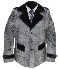Gray Swakara Wavy Mink Fur Straps Collar Coat For Men