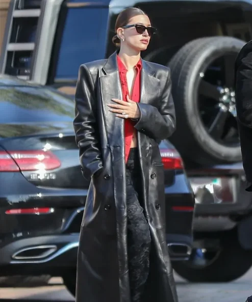 Hailey Bieber Los Angeles Street Style Leather Trench Coat