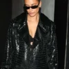 Hailey Bieber Paris Fashion Week Black Leather Jacket