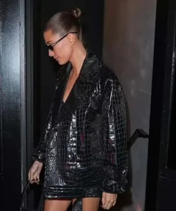 Hailey Bieber Paris Fashion Week Black Leather Jacket For Women