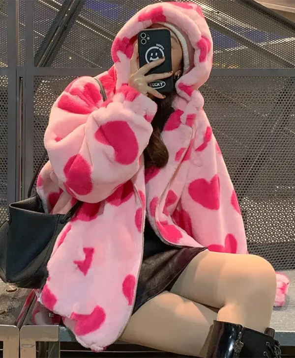 Harajuku Heart Pink Shearling Hooded Jacket
