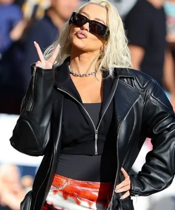 Jimmy-Kimmel-Live-Christina-Aguilera-Oversized-Black-Leather-Jacket