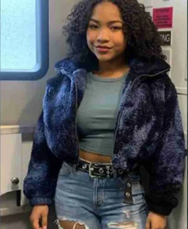 Laya DeLeon Hayes The Equalizer Cropped Blue Fur Jacket