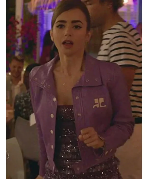 Lilly Collins S02 Emily In Paris Purple Leather Jacket