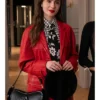 Lily Collins Red Leather Coat