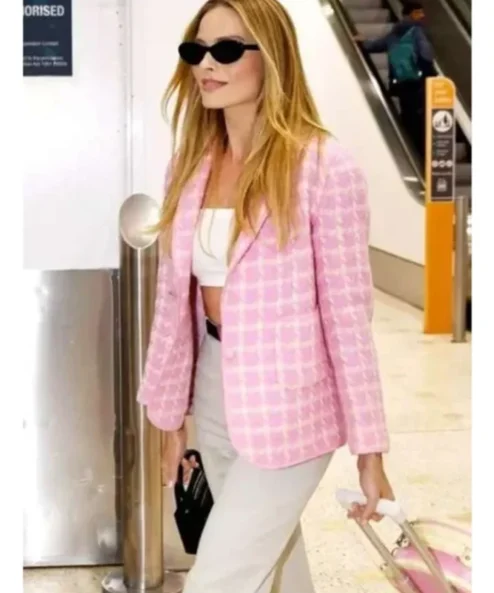 Margot Robbie Barbie 2023 Pink Checkered Blazer side look