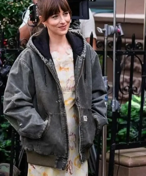 Materialists 2024 Dakota Johnson Hooded Grey Jacket