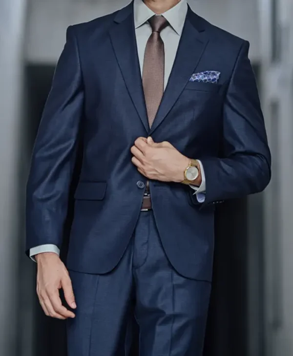 Men Blue Textured Suiting Fabric Dinner Blazer Coat