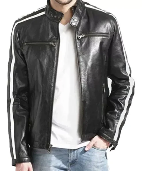 Men Cafe Racer Black and White Stripe Leather Jacket