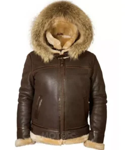 Mens B3 Brown Bomber Pilot Flight Leather Hoodie Jacket