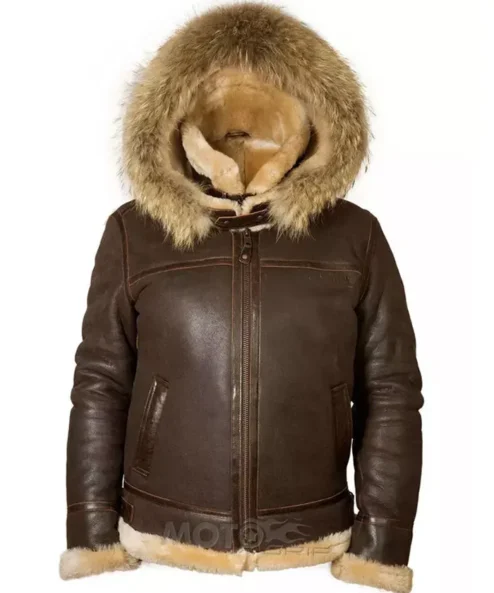 Mens B3 Brown Bomber Pilot Flight Leather Hoodie Jacket