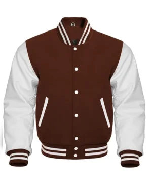 Mens Baseball Style Brown and White Wool Letterman Jacket