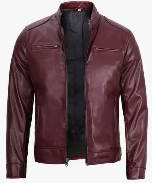 Mens Biker Café Racer Maroon Faux Leather Jacket