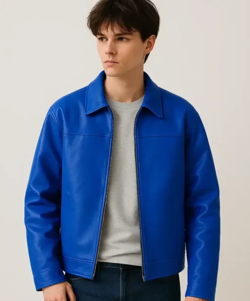 Mens Biker Cafe Racer Synthetic Leather Casual Blue Jacket
