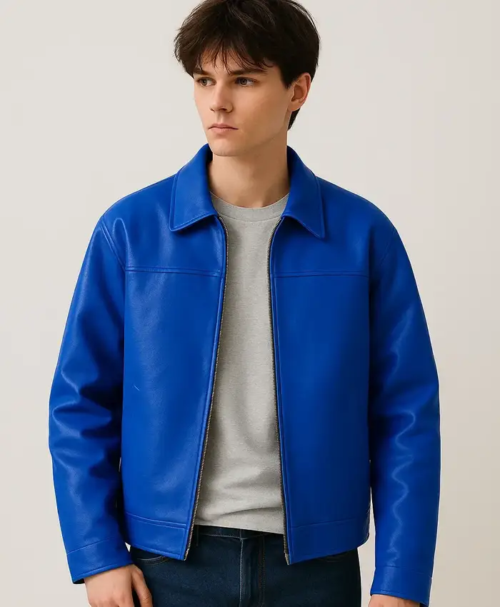 Mens Biker Cafe Racer Synthetic Leather Casual Blue Jacket