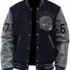 Mens College Grey and Black PU Leather Sleeves Letterman Bomber Jacket