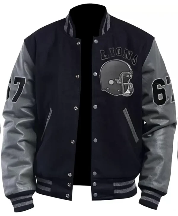 Mens College Grey and Black PU Leather Sleeves Letterman Bomber Jacket
