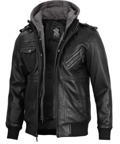 Mens Ferndale Real Leather Hooded Black Bomber Jacket