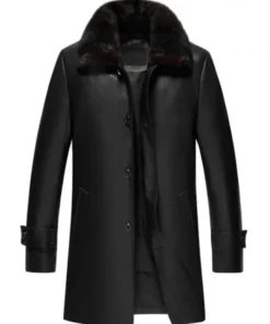 Mens Genuine Lambskin Leather Black Sherpa Fur Trench Coat