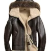 Mens Genuine Leather Shearling Hooded Jacket