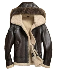 Mens Genuine Leather Shearling Hooded Jacket