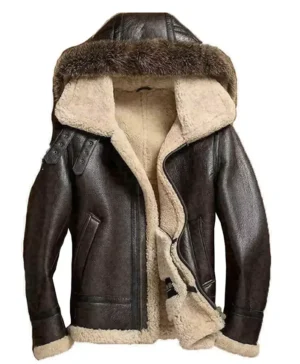 Mens Genuine Leather Shearling Hooded Jacket